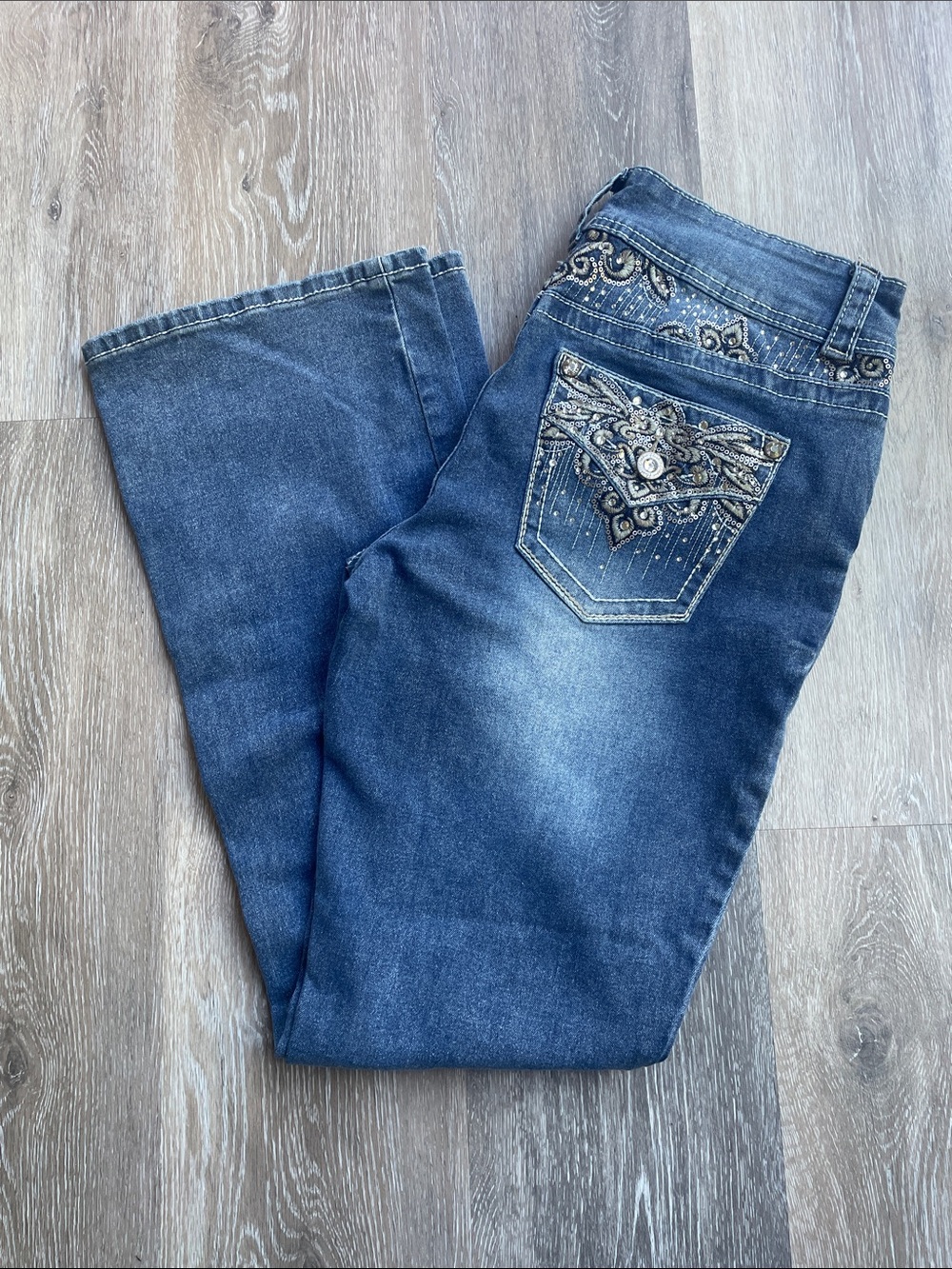 Embellished Dark Blue Thick Stitch Flare Bootcut Curvy Jeans for Women Sz 10